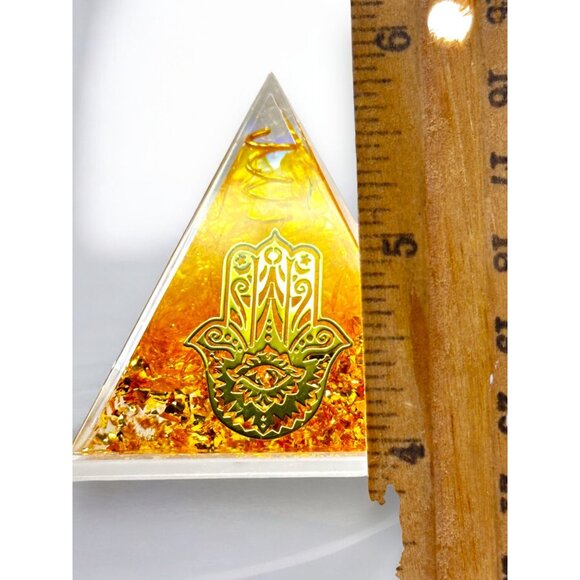Handmade Gold Pyramid With Hamsa Hand Design & Chakra Energy Symbol - Picture 5 of 10